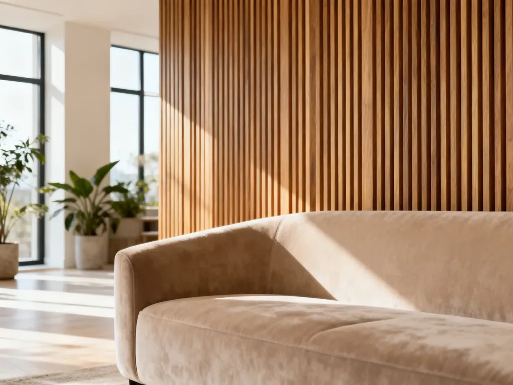 Nowoczesny salon z drewnianymi lamelami na ścianie oraz minimalistyczną beżową sofą w stylu skandynawskim.
