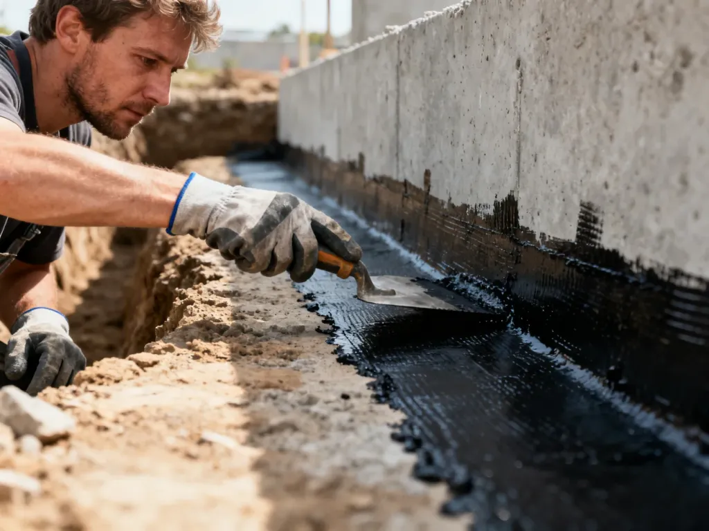 Pracownik nakłada pacą masę bitumiczną na betonowy fundament w celu wykonania izolacji przeciwwilgociowej.