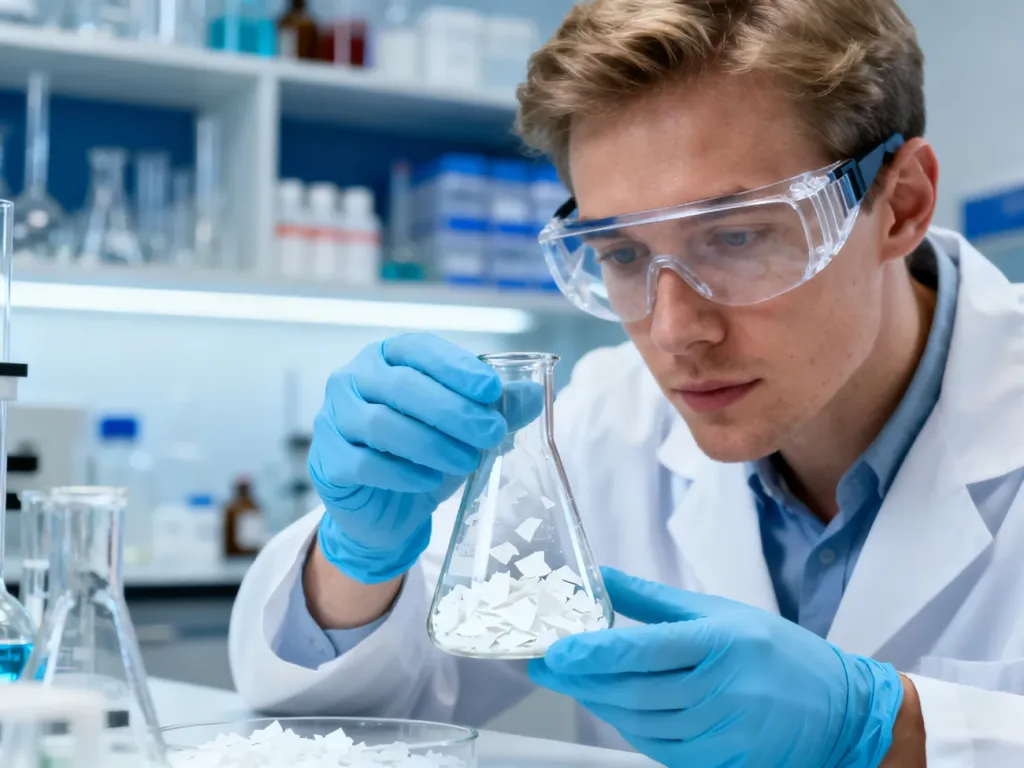 Naukowiec w laboratorium ostrożnie odmierza płatki sody kaustycznej, zachowując zasady bezpieczeństwa pracy z chemikaliami.