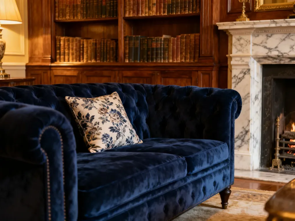 Przytulny salon w stylu angielskim z granatową sofą Chesterfield, mahoniowym regałem i kominkiem.