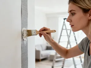 Kobieta w beżowym swetrze siedzi w przytulnym, minimalistycznym salonie utrzymanym w ciepłej, neutralnej kolorystyce.