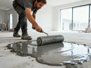 Pracownik budowlany nakłada izolację bitumiczną na odsłoniętą ścianę fundamentową w celu jej profesjonalnego osuszenia.